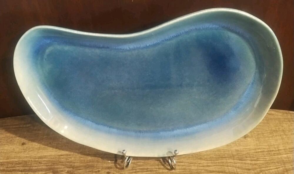 Coastal Blue Green Pottery Crescent Serving Dish Tray Stoneware Kidney 14 x 9"